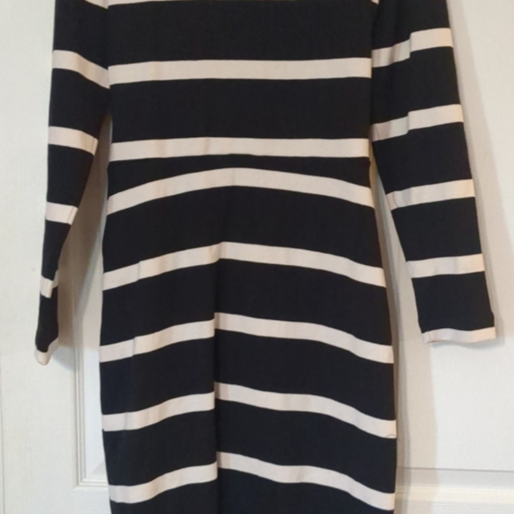 Tanya Taylor Black and Cream Striped Long Sleeve Dress - Picture 6 of 6